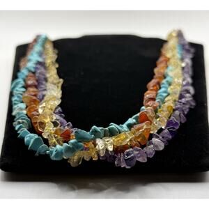 Artisan Colorful Stone Carnelian Amethyst Citrine Howlite Necklace. 32” Knotted